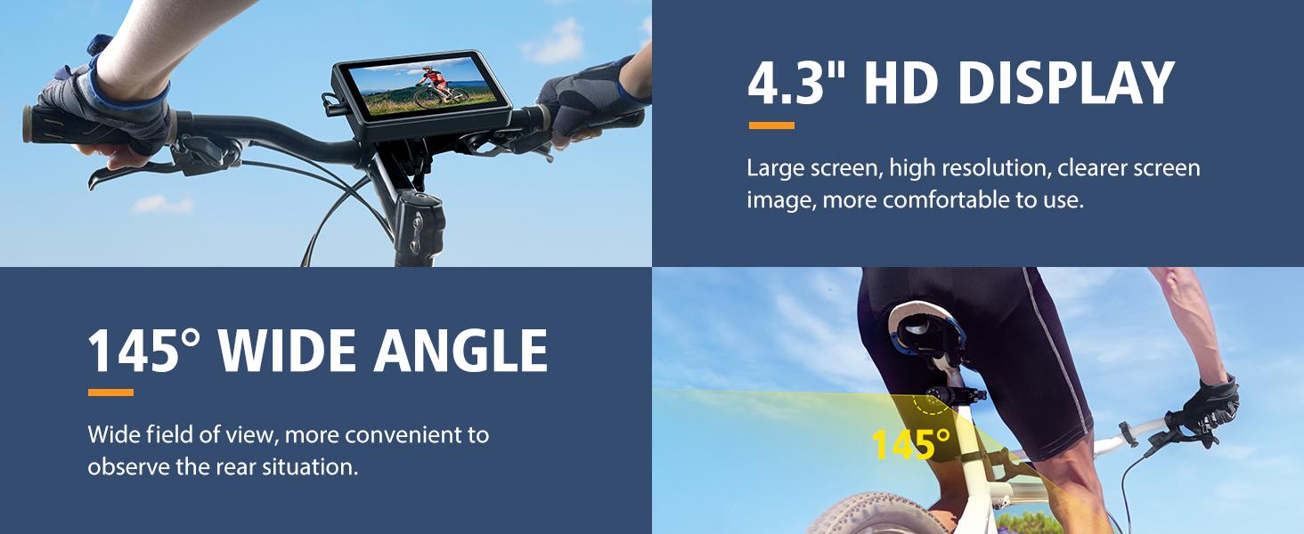 Handlebar Bike Mirror, Bicycle Rear View Camera with 4.3'' HD Night Vision Function, 145° Wide Angle View, Adjustable Rotatable Bracket, Compatible with Bicycle, Mountain, Road Bike