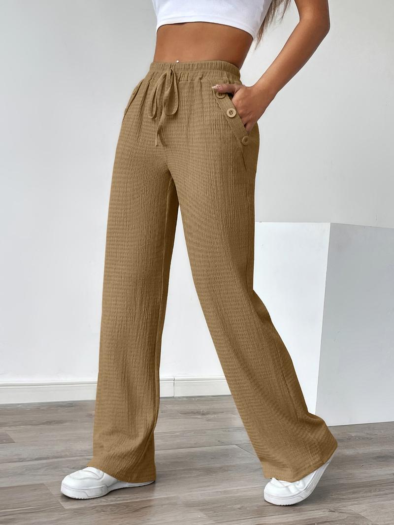 Women's Autumn Casual Faux Drawstring Texture Pocket Pants, Comfortable Long Trousers for Daily Wear, Stylish Ladies' Fashion Apparel, Womenswear, Bottoms