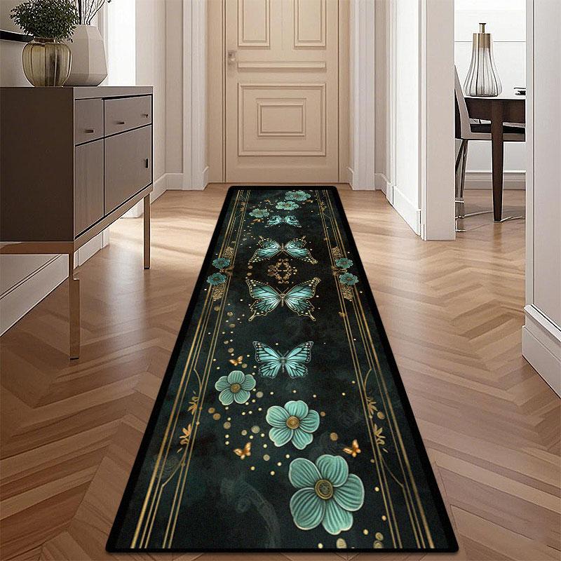 Crystal Velvet Butterfly Pattern Carpet, Durable Bedroom Bedside Decorative Rug, Stylish Coffee Shop Hallway Mat, Hotel Lobby Long Rug, Butterfly Area Rug