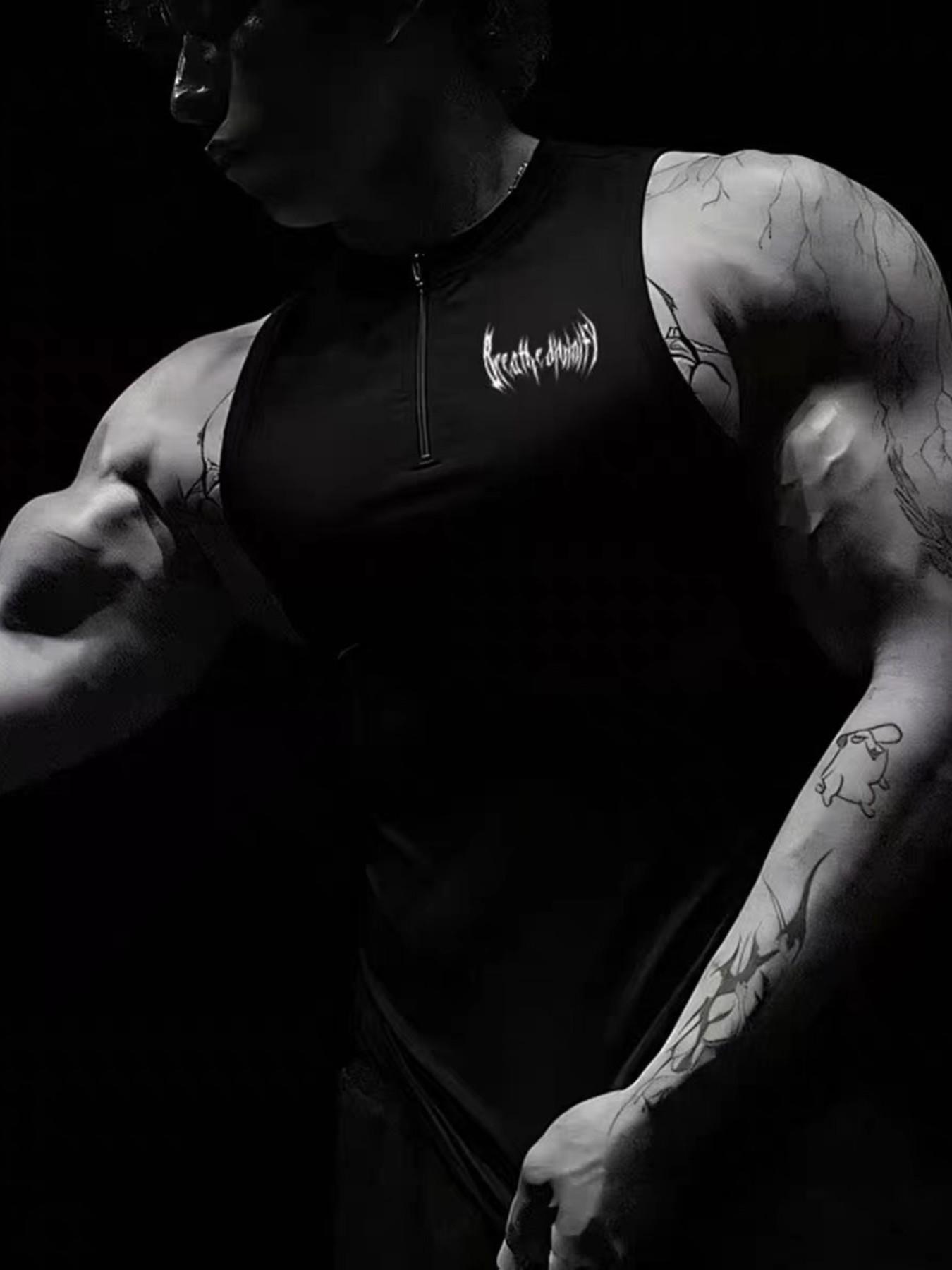 Viral Death Metal Print Compression Tank Top | Men's Half Zip Gym Stringer | TikTok Trendy Bodybuilding Apparel