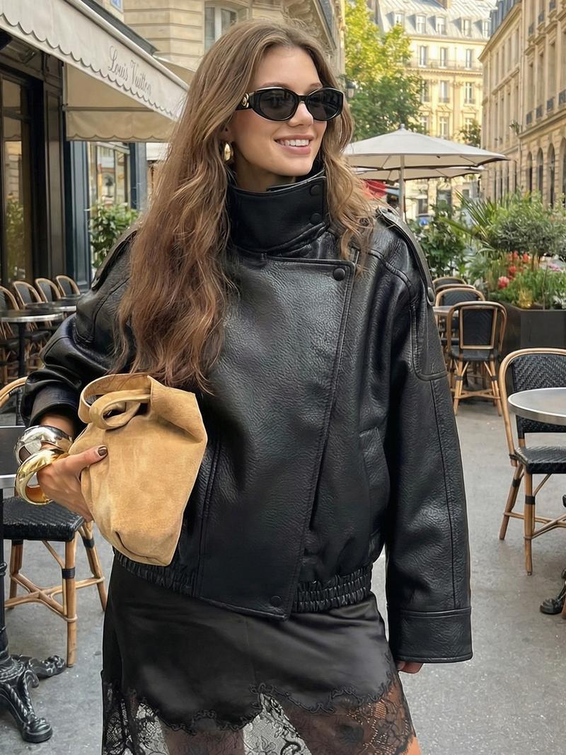 Faux Leather Jacket Woman Outerwears Fashion Asymmetric Zipper Bomber Jacket Demi-Season Streetwear Plus Size Women's Black Jacket Long Sleeve New In Coats Motorcycle Jackets