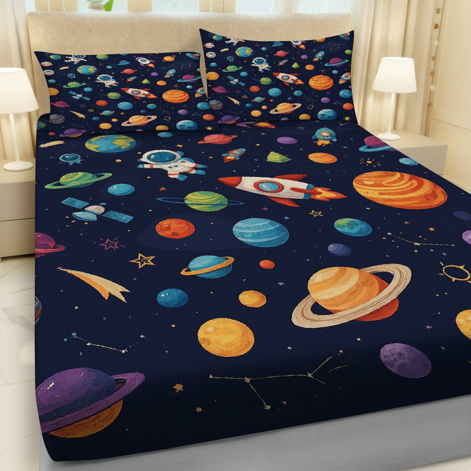 3Pcs Space Planet Astronaut Fitted Sheet Three Piece Set (1*Fitted Sheet+2*Pillowcases, Coreless), Science theme, Galaxy Bedding Set, Mattress Protector Soft, Breathable