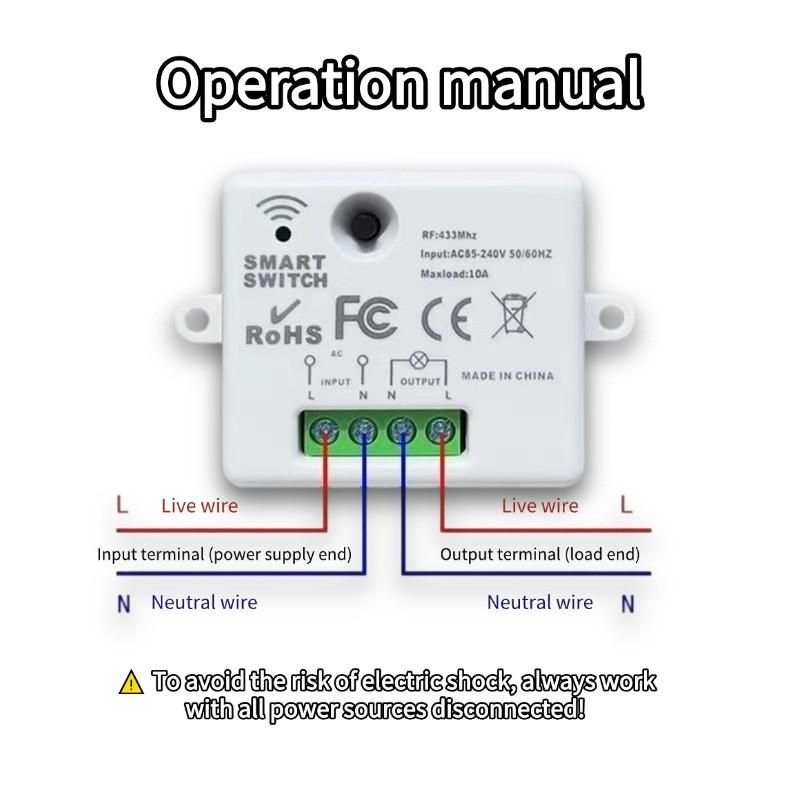 Ac220v 433mhz RF Wireless Remote Relay Switch, Single Channel Receiver Module + Wall Remote Transmitter, Ideal for Home Appliances, Remote Control Light Switch