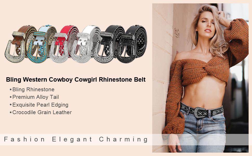 JASGOOD Women and Men Ladies Weatern Cowgirl Cowboy Bling Belt Rhinestone Belt for Jeans Pants Dress