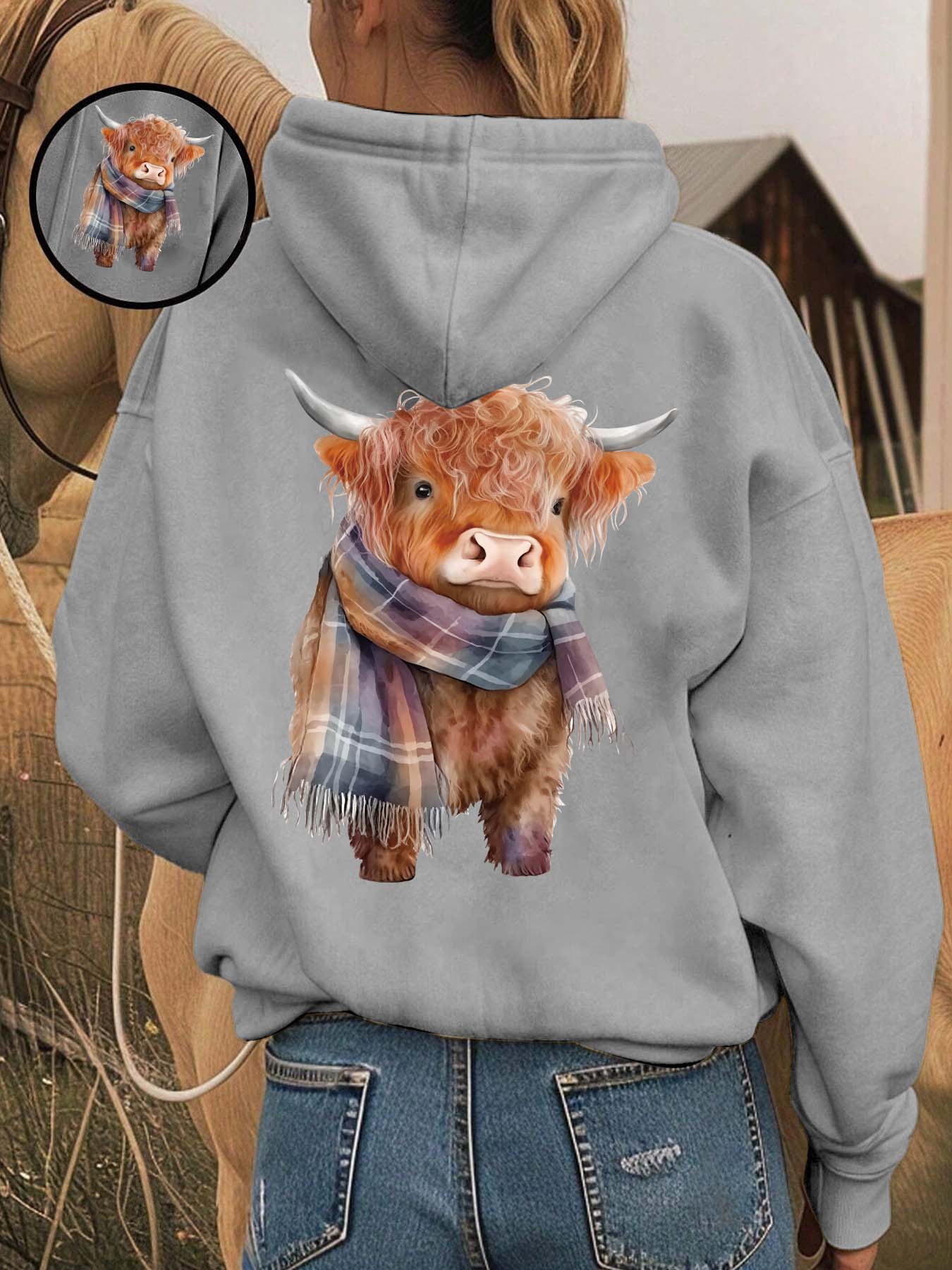 Cozy Fleece-Lined Printed Hooded Fitted Long Sleeves Sweatshirt, Funny Sweatshirt, Cute Highland Cow Animal Design, Unisex Casual Winter Fashion Womenswear with Soft Warm Plush Interior for Cold Weather Aesthetics, Casual Fitted Hoodie