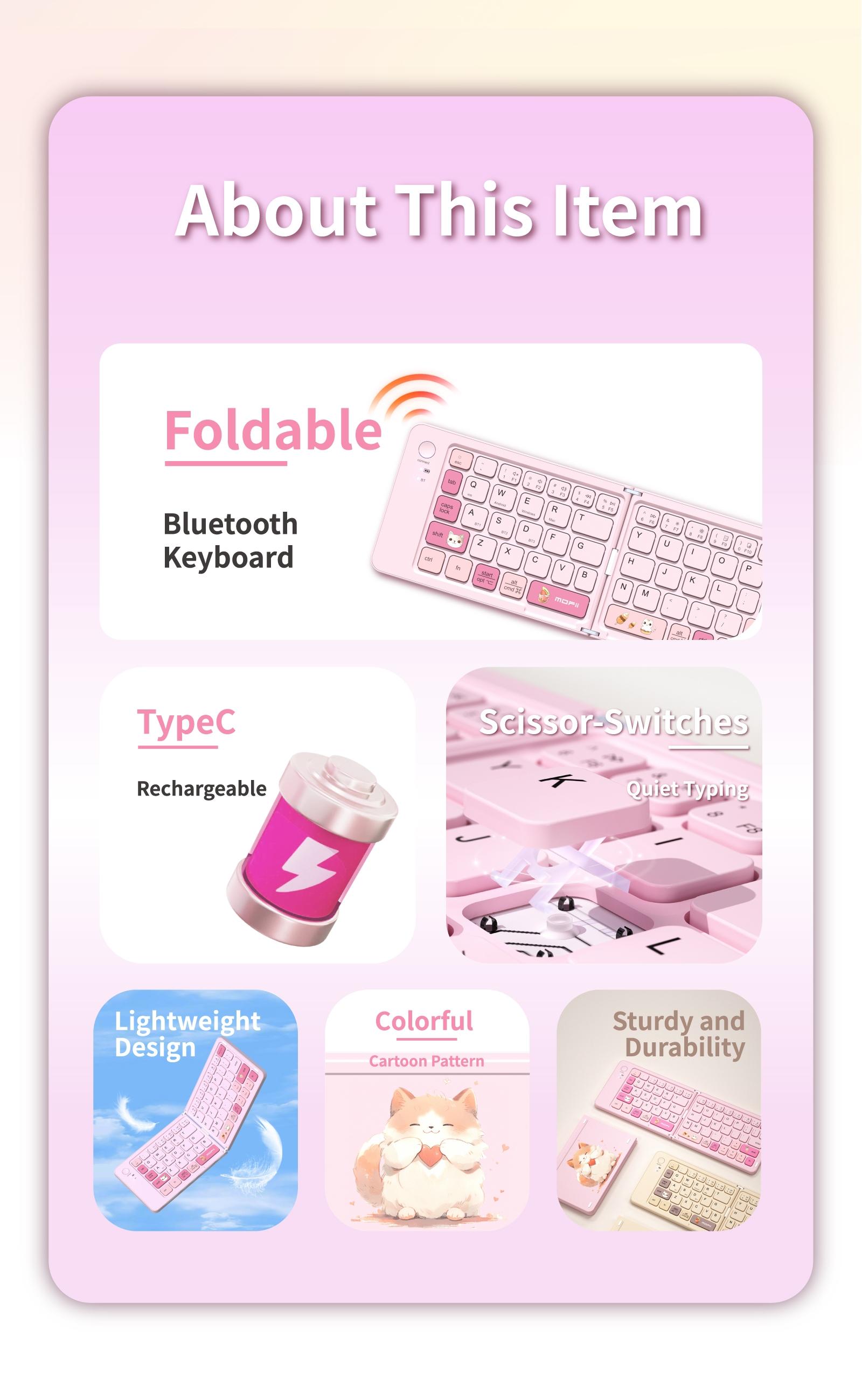 MOFii 1 Pc Z1 Pink Cat Foldable Bluetooth Keyboard, Rechargeable Portable Office Keyboard, Cute iPad Tablet Essential for Girls, US Qwerty