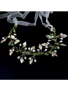 Luxe Petite Pearl Leaf Headband with Ribbon, Handmade Bridal Hair Vine, Elegant Wedding Hair Accessory for Bridesmaids & Flower Girls