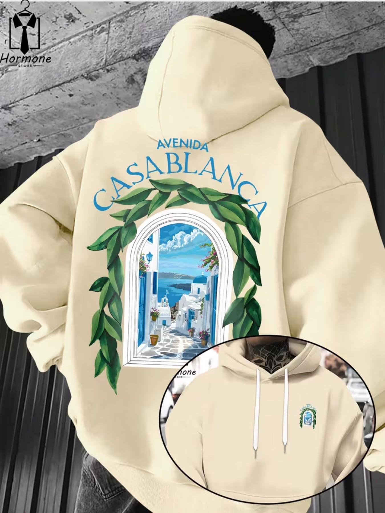 Men's Casual Hooded Sweatshirt, Avenida Casablanca Text & Landscape Print, Spring Fall Warm Pullover, Kangaroo Pocket Design