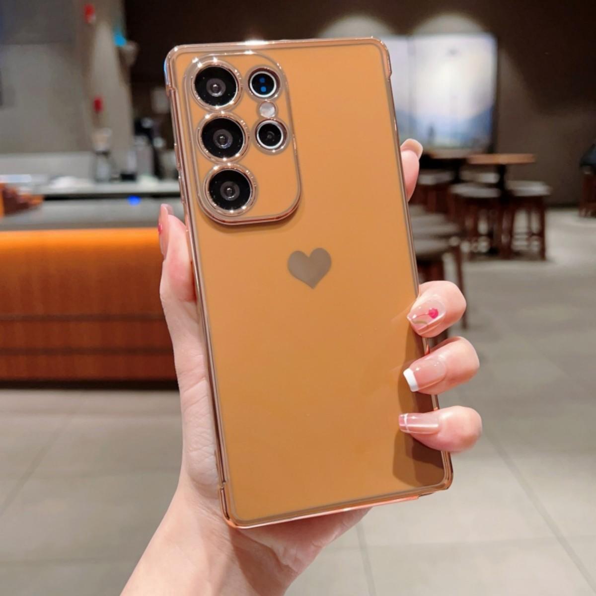 Electroplated Solid Heart Phone Case Cover for Samsung Galaxy S26 S25 S24 S23 S22 S20 Fe S21 Ultra S22 Plus, Multiple Colors Available