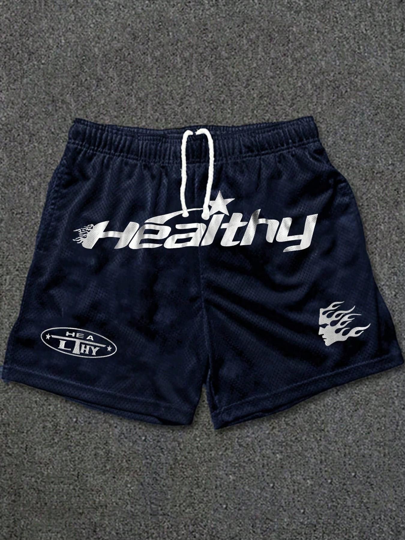 Men's Mesh Breathable Letter Print Summer Beach Shorts, Trendy Streetwear, Sportswear, Casual, Comfortable Fashion, Asymmetrical Design, Loose-Fitting, Baggy, Oversized, Plain Pattern