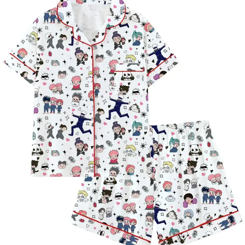 Cool Otaku Vibe Cute Lapel Short Sleeve Pajama Set, Loungewear Outfit, Comfortable Sleepwear for Home and Outdoors, Urban Sorcerer Print Lounge Set, Dark Fantasy Anime Style 2-Piece Pajamas, Dark Anime Aesthetic Pajama Set
