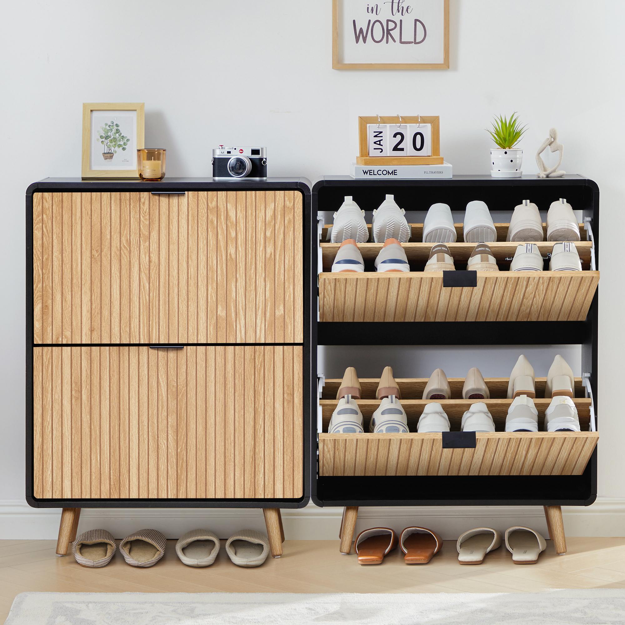 Giratree Modern Mid-Century Wooden Shoe Cabinet, Fluted Design with 2 or 3 Drawers, Stylish Storage Organizer for Entryway, Hallway, or Living Room