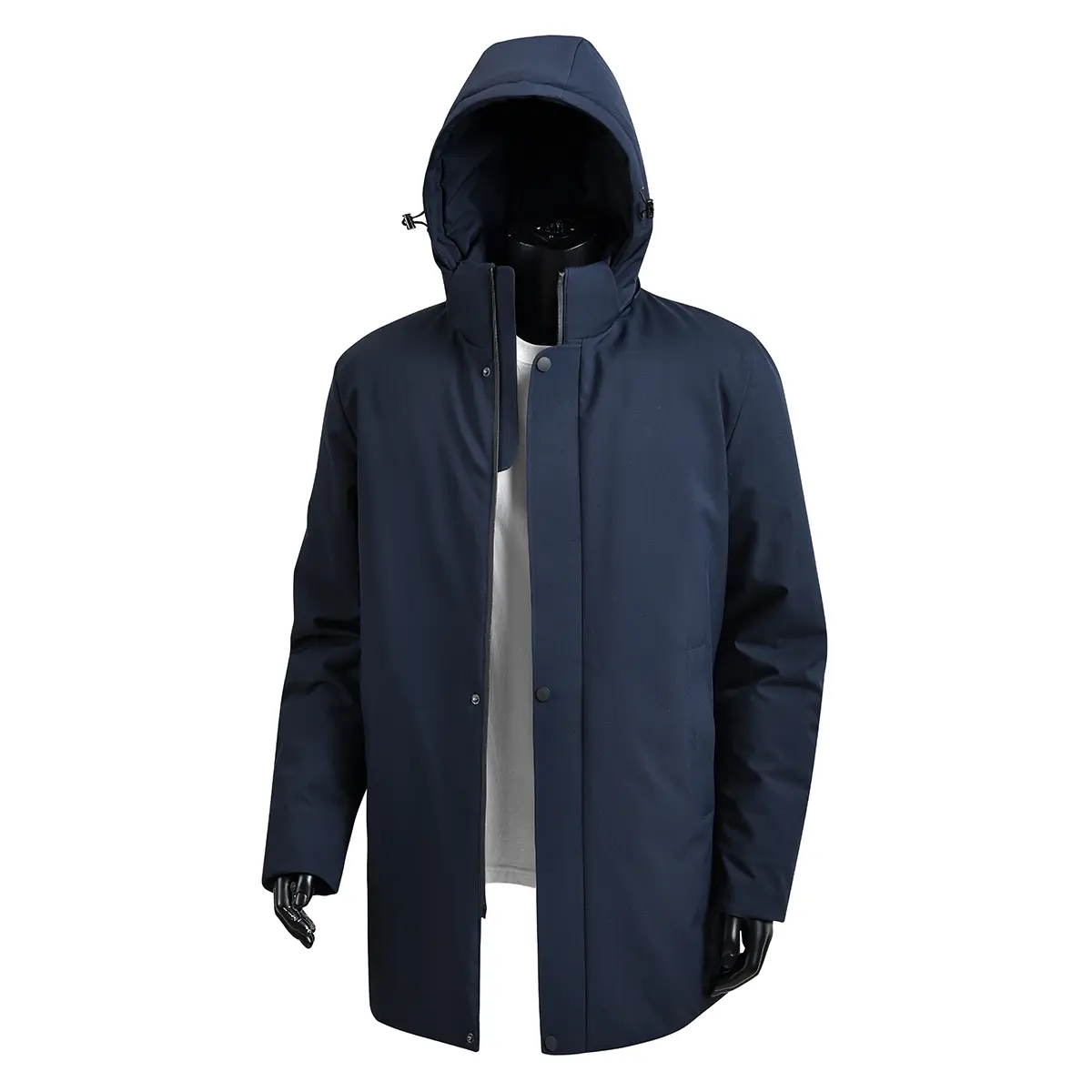 Men's Navy Blue Mid‑Length Hooded Winter Parka Coat, Adjustable Drawstring Hood, Stand Collar Design, Dual Snap‑Button And Zipper Front Closure, Side Hand Pockets, Business Casual Regular Fit Outerwear For Office Commute Cold Weather Daily Travel Street C