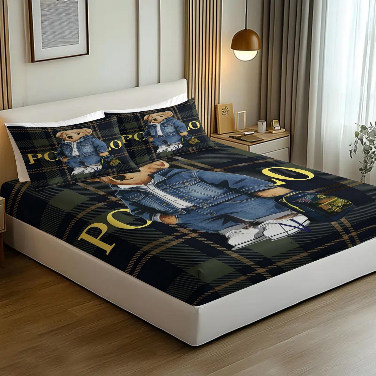 Teddy Bear Pattern Bed Sheet, Comfortable Printed Pattern, Includes 1 Bed Sheet and 2 Pillowcases, Comfortable Bedding, Non slip Dust Cover Suitable for Bedroom and Guest Room, Suitable as a Gift for Children or Adults