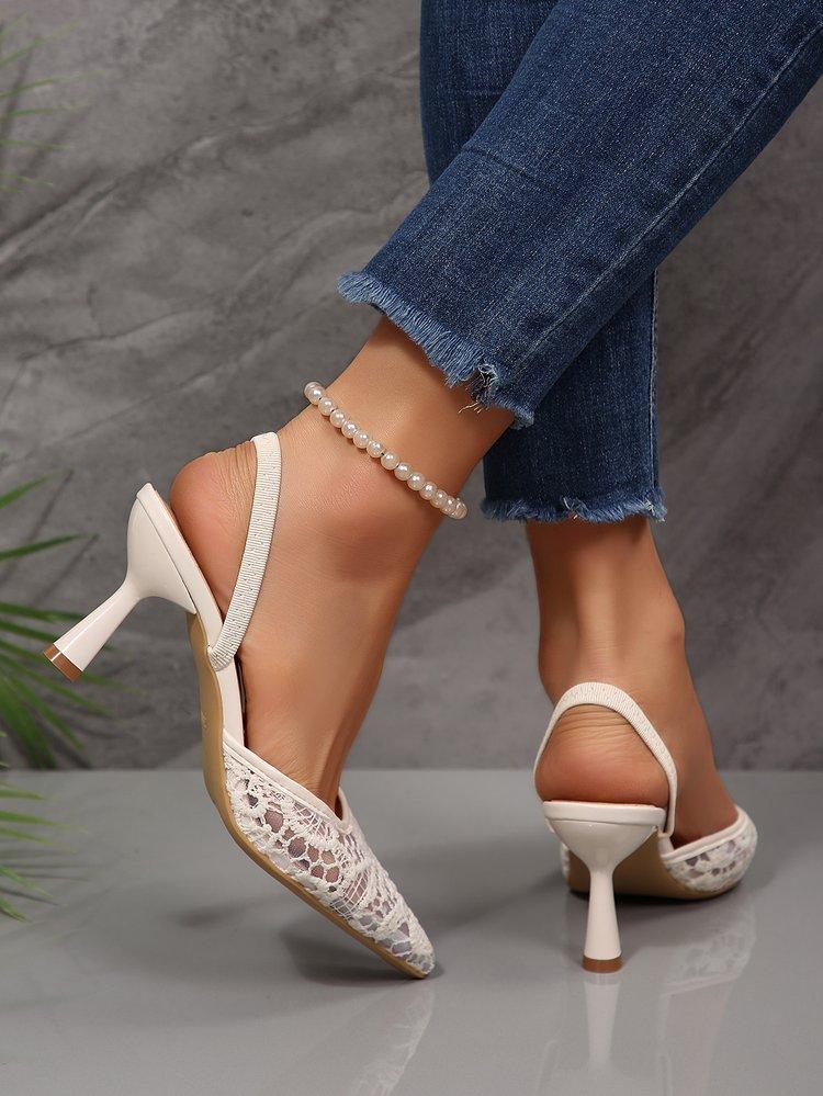 Women's Summer French Lace Pointed Toe Sandals Block Heel Ankle Strap Slingbacks Sexy Outdoor Slides