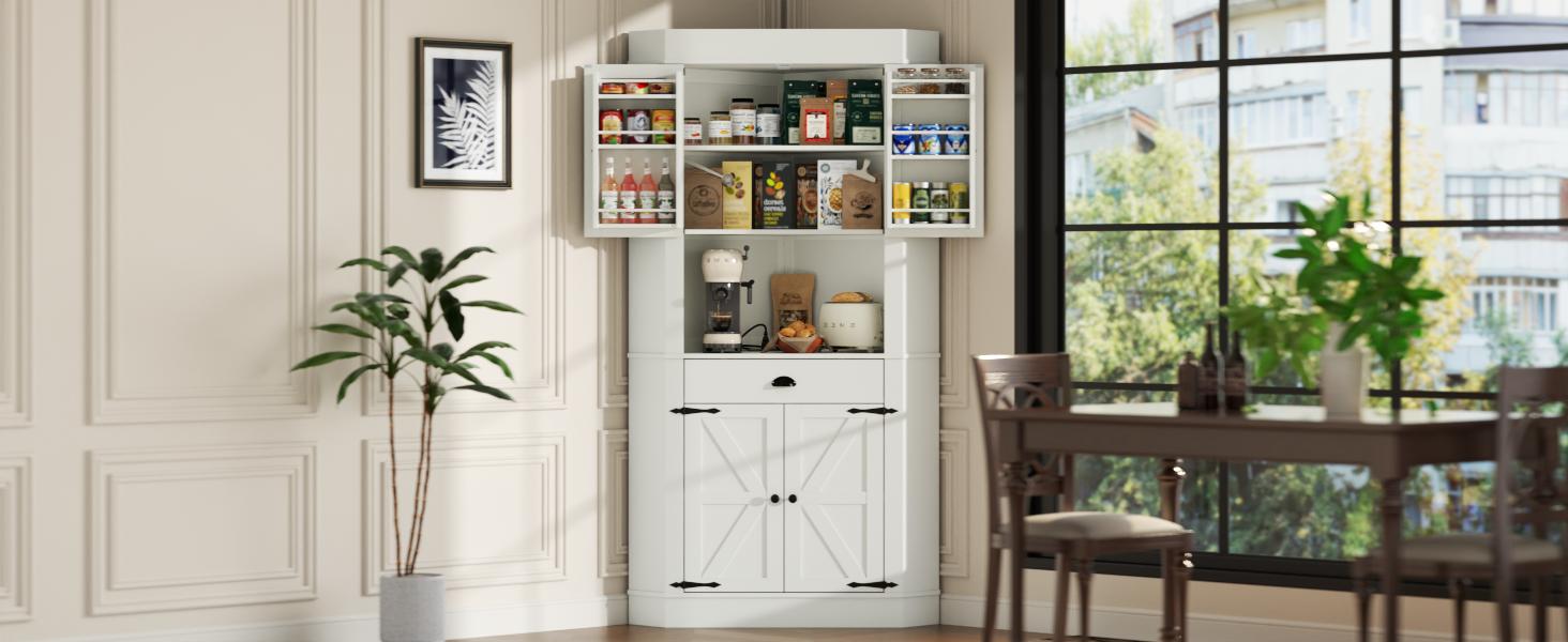 74"Corner Cabinet with Charging Station,Kitchen Pantry Storage Cabinet with Drawer,Freestanding Kitchen Pantry Cabinets with Doors and Shelves,Farmhouse Food Hutch