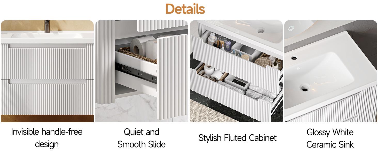 【SPOTLIGHT DAY】ONBRILL Modern Bathroom Vanity with Sink Combo, Curved Floating Bath Vanity with 2 Soft Close Drawer, Wall Mount Bathroom Vanities with Integrated Ceramic Sink for Small Space, Apartment