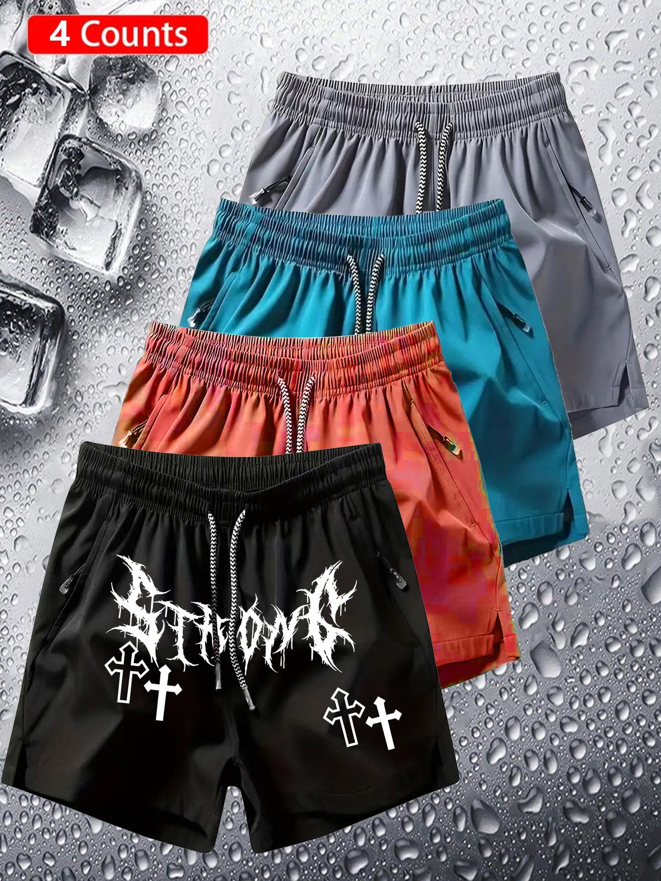 4-Pack Gothic Shorts, Dark Trendy, Unique Style, Strong Gothic Font Cross Print, Quick-Dry Breathable Fabric, Unisex, All Seasons