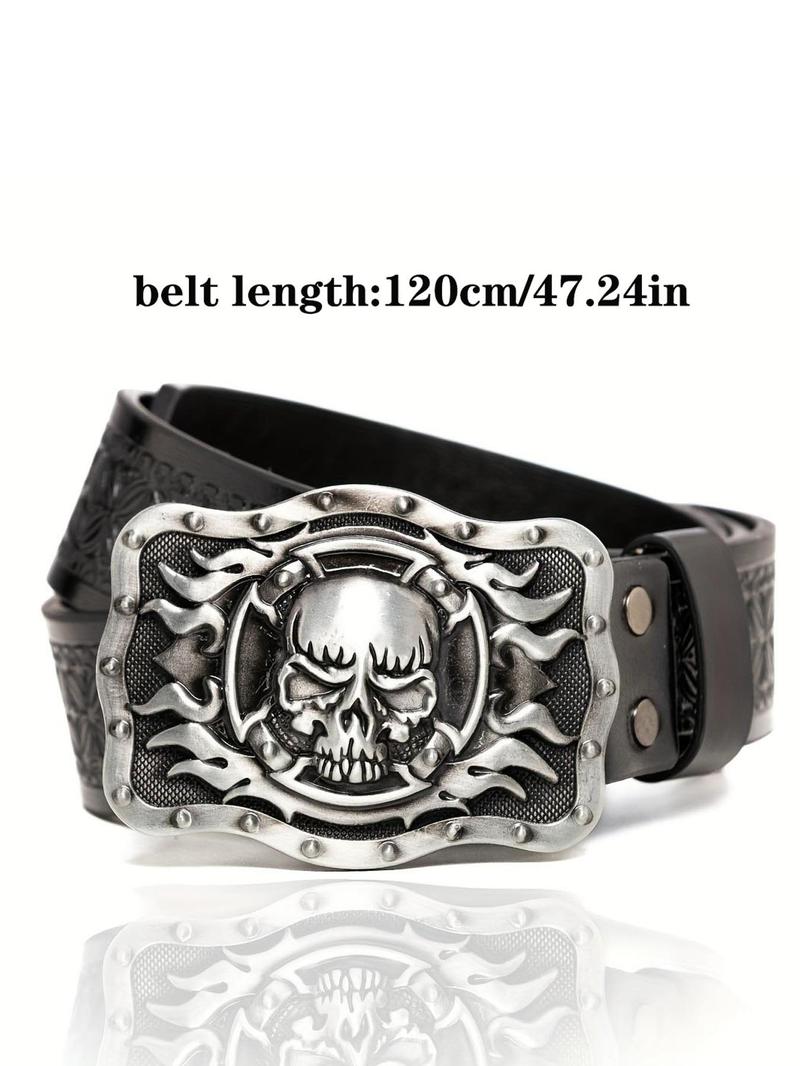 Cool Western Cowboy Flame Skull Belt, Vintage Gothic Casual Streetwear, Stylish Punk Fashion Pants Belt for Men