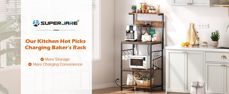 SUPERJARE Kitchen Bakers Rack with Power Outlet, Coffee Bar Table 4 Tiers, Kitchen Microwave Stand with 6 S-shaped Hooks, Kitchen Storage Shelf Rack for Spices, Pots and Pans