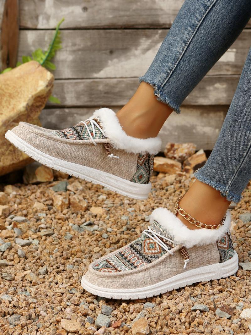 Bohemian Style Winter Snow Boots for Men & Women, Warm Fur Lined Canvas Shoes, Casual Lace-Up Outdoor Urban Sports Sneakers