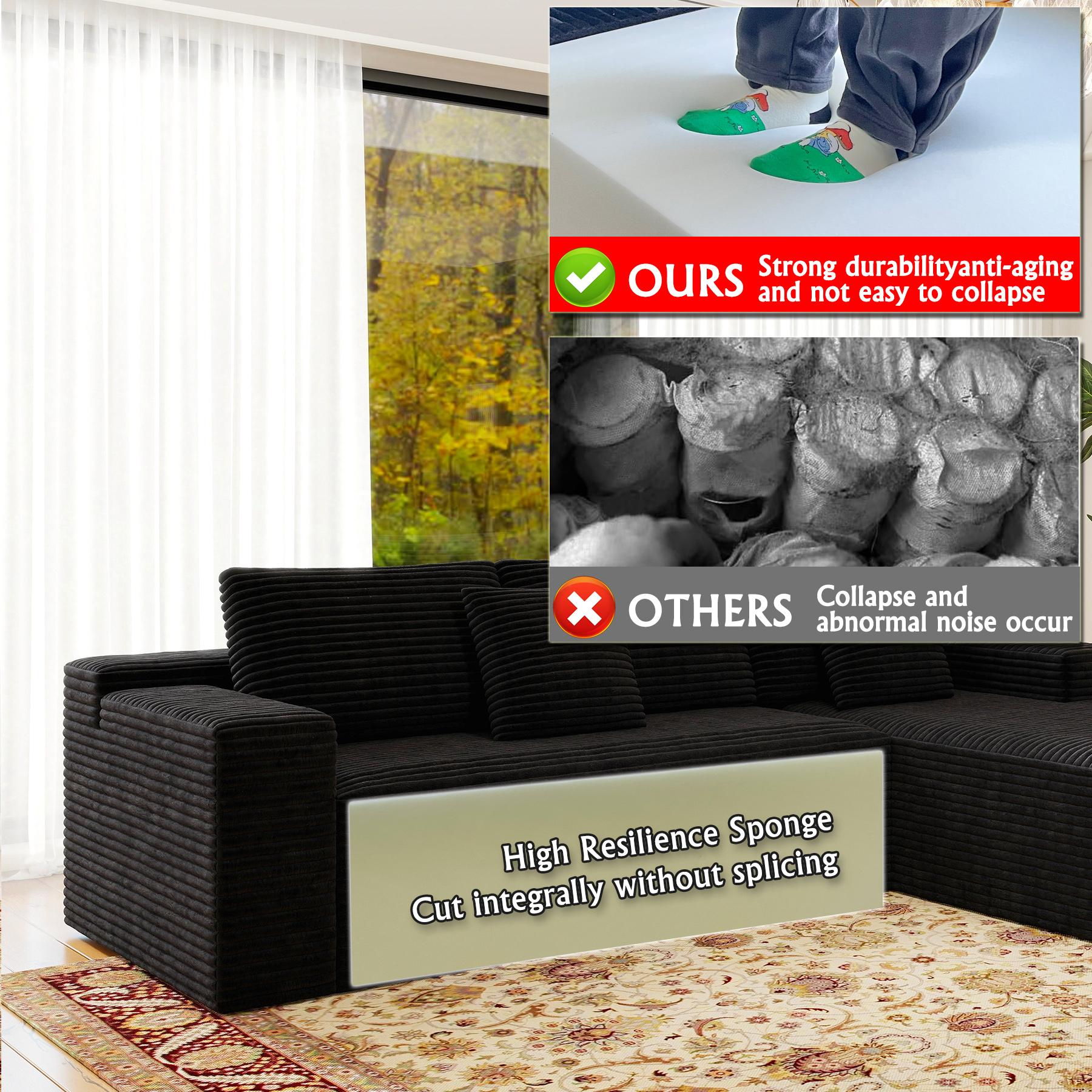 104" sofa living room Black Plush Corduroy Cloud VelvetModular Couches with Chaise, NoAssembly Required -L-ShapedSectional Sofa Set with FlexibleConfiguration boneless sectional furniture 104" sofa living room Black Plush Corduroy Cloud VelvetModular Couches with Chaise, NoAssembly Required -L-ShapedSectional Sofa Set with FlexibleConfiguration boneless sectional furniture