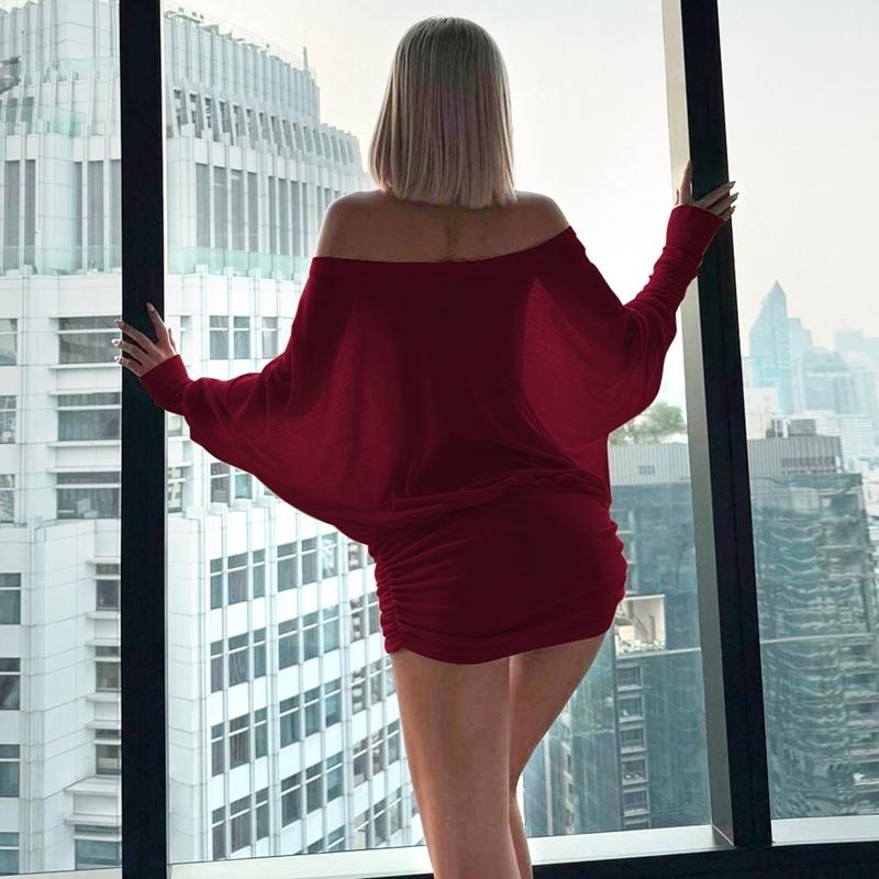 Women's Sheer Ruched Party Dress, Off-The-Shoulder Long Sleeve Women's Mini Dress for Spring & Fall Women's Sheer Ruched Party Dress, Off-The-Shoulder Long Sleeve Women's Mini Dress for Spring & Fall