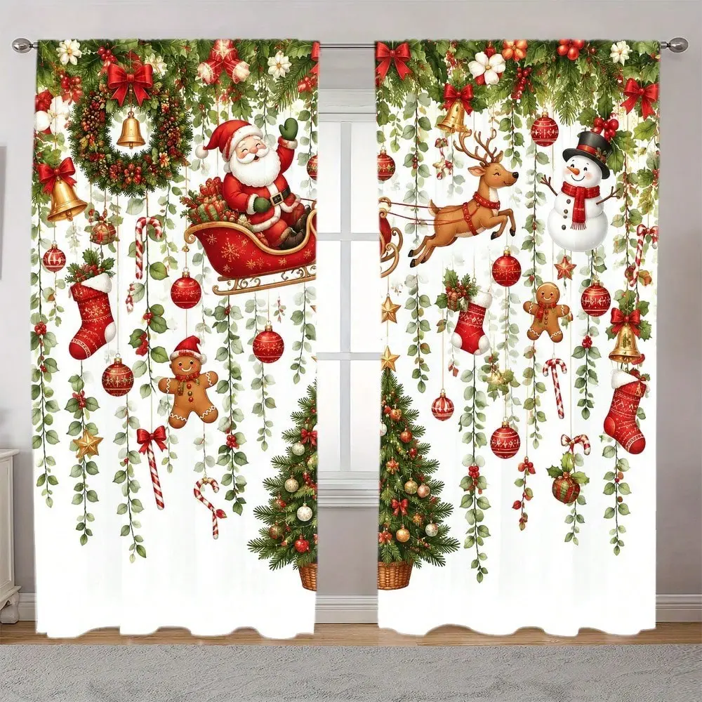 2-Pack Santa Claus Car Ornament Curtain Set, Modern Art Style, Semi-Transparent Privacy & Light Blocking, Home Decor for Living Room, Bedroom, Kids Room, Sunroom