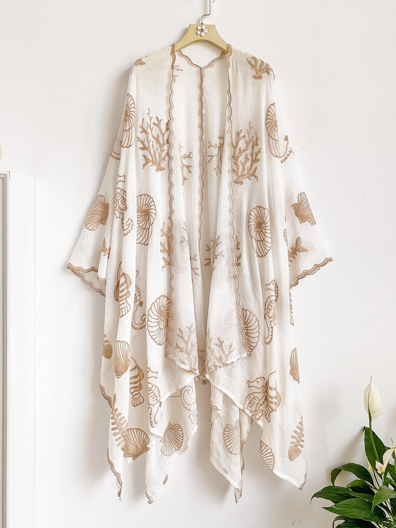 Boho Ocean Embroidered Split Scarf, Loose Fit Elegant All-Season Style, Perfect for Beach Vacations, Commuting and Dates