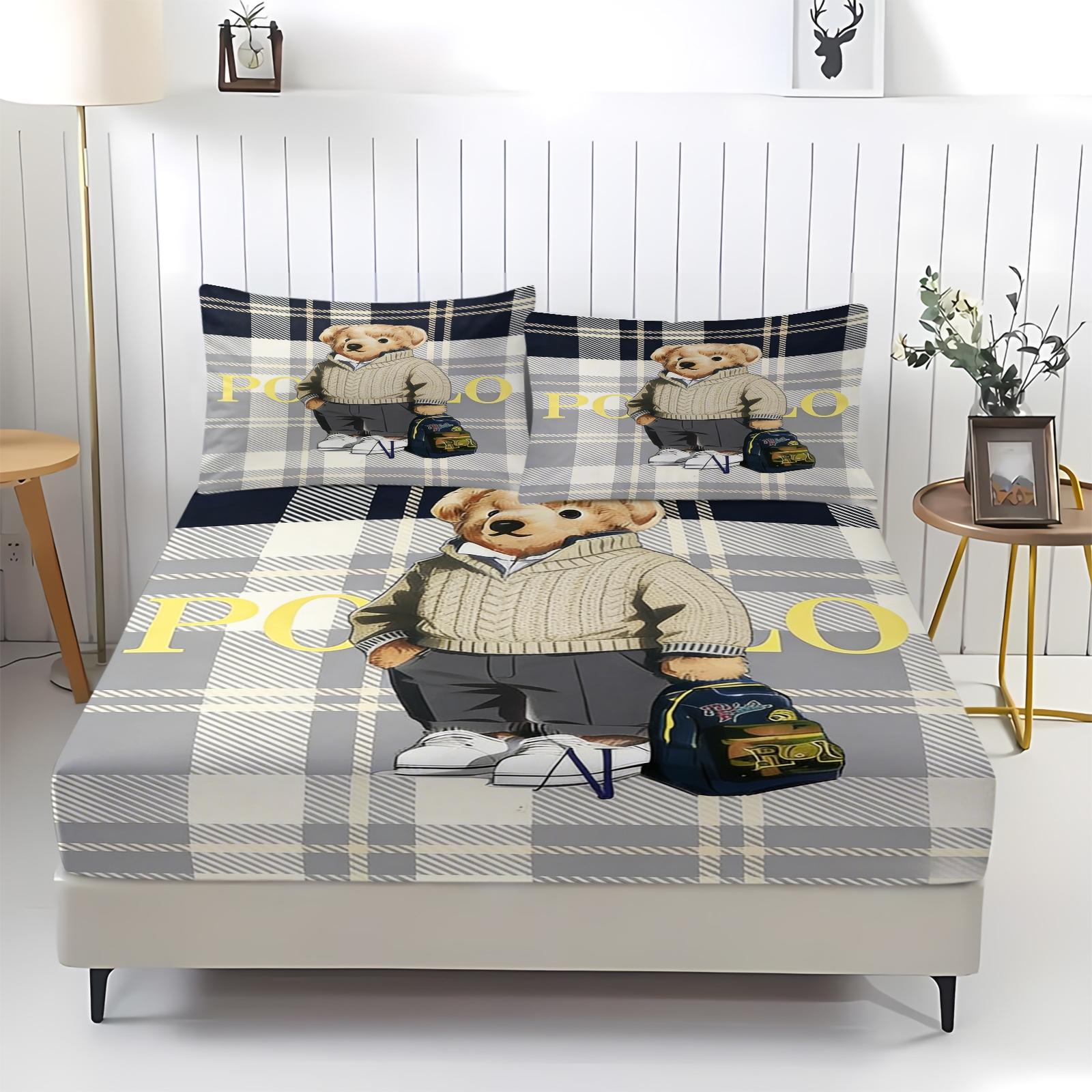 Teddy Bear Pattern Bed Sheet, Comfortable Printed Pattern, Includes 1 Bed Sheet and 2 Pillowcases, Comfortable Bedding, Non slip Dust Cover Suitable for Bedroom and Guest Room, Suitable as a Gift for Children or Adults