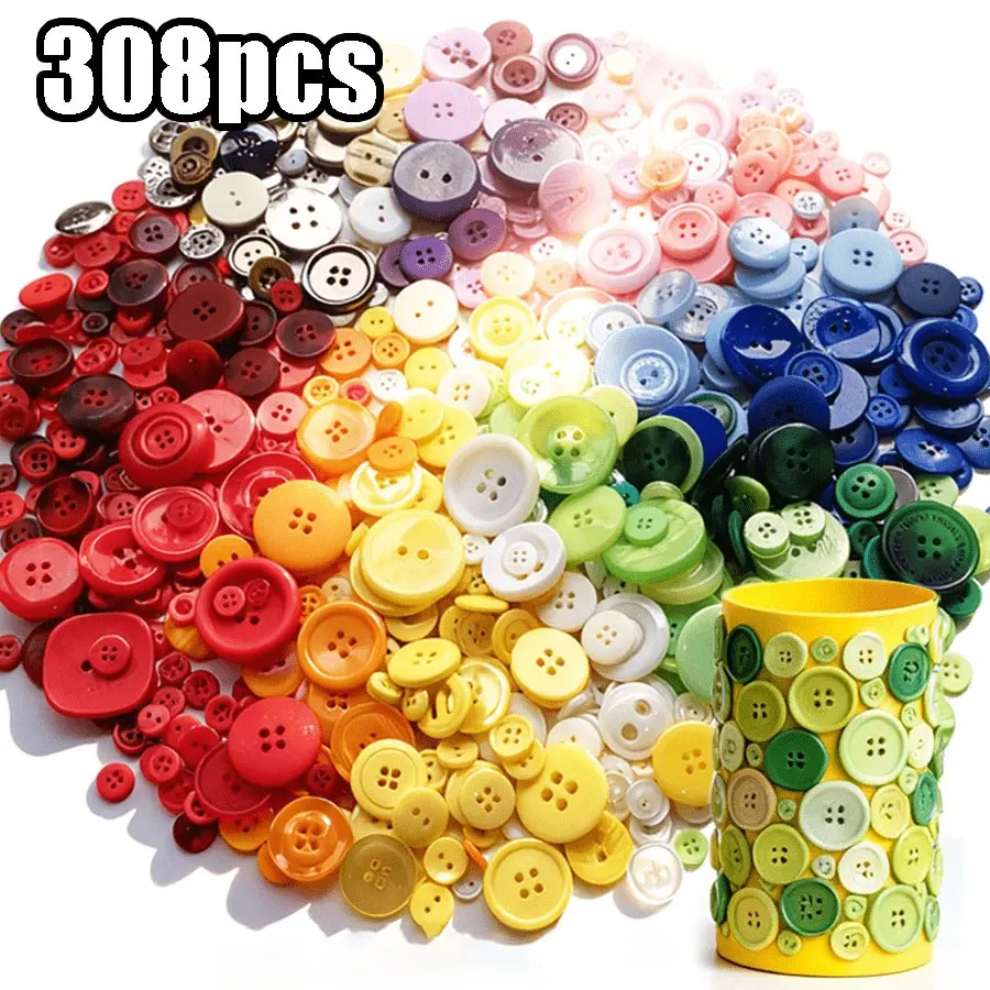 308pcs Random Color Mixed Buttons Pack, Round Resin Craft Buttons with Multiple Sizes, Sewing Buttons for DIY Handmade Art, Garment Decor and Scrapbooking Projects XJM
