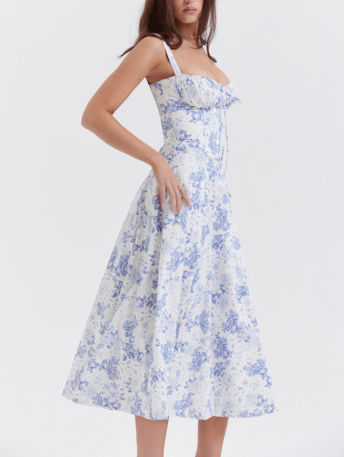 CHARTOU Women's Sleeveless Thin Shoulder Strap Medium length Dress Sleeveless Square Neck Fishbone Waist Elegant Dress