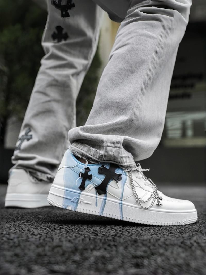 Klein Blue Trend Cross Sneakers - Metal Chain Decoration + Leather Cross Label + Breathable Perforated Upper, Suitable for Street Outfits & Daily Leisure, Eye-Catching Personality Comfortable & Breathable Trendy & Adaptable Strong Fashion Sense