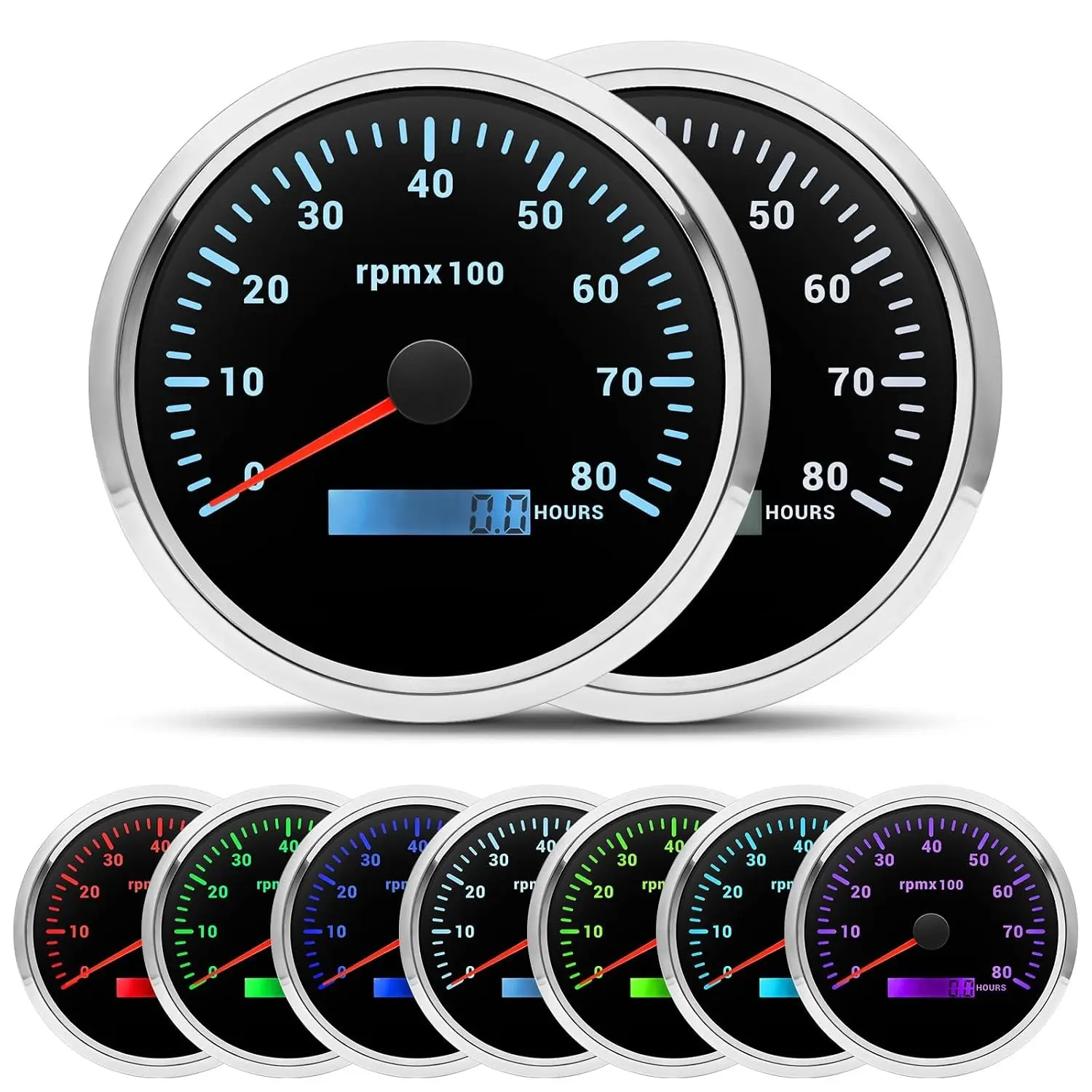 110mm 4-3/8" 8000 RPM Tachometer Gauge 7 Color Marine Large RPM Meter for Car Auto Truck Boat 9-32V Black Silver