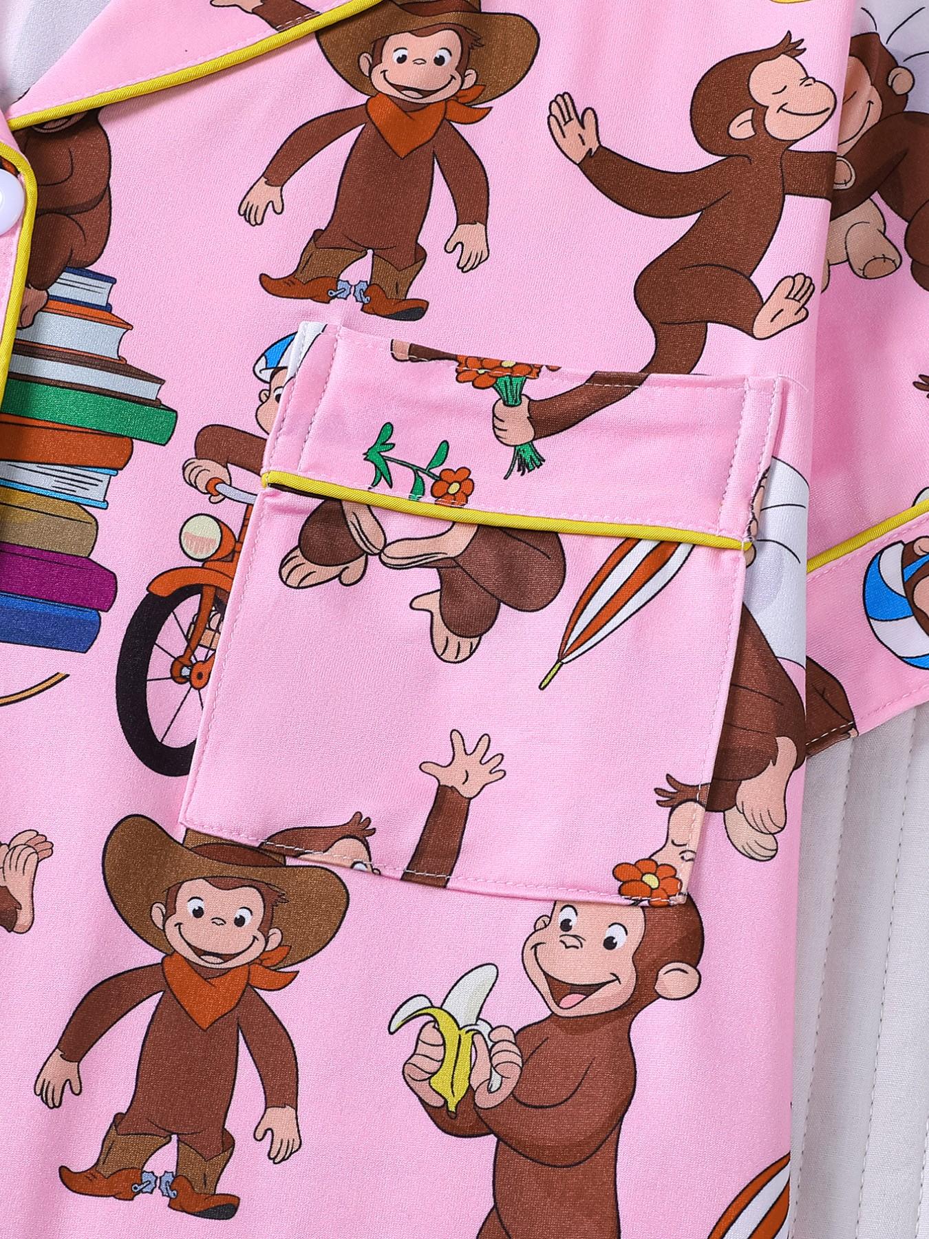 Women's 2 Piece Curious George Cartoon Print Pajamas Set, Cute Monkey Pattern Short Sleeve Button Down Shirt & Shorts Loungewear, Soft Comfy Sleepwear with Chest Pocket & Elastic Waist, Casual All-Season Homewear for Daily Relaxation