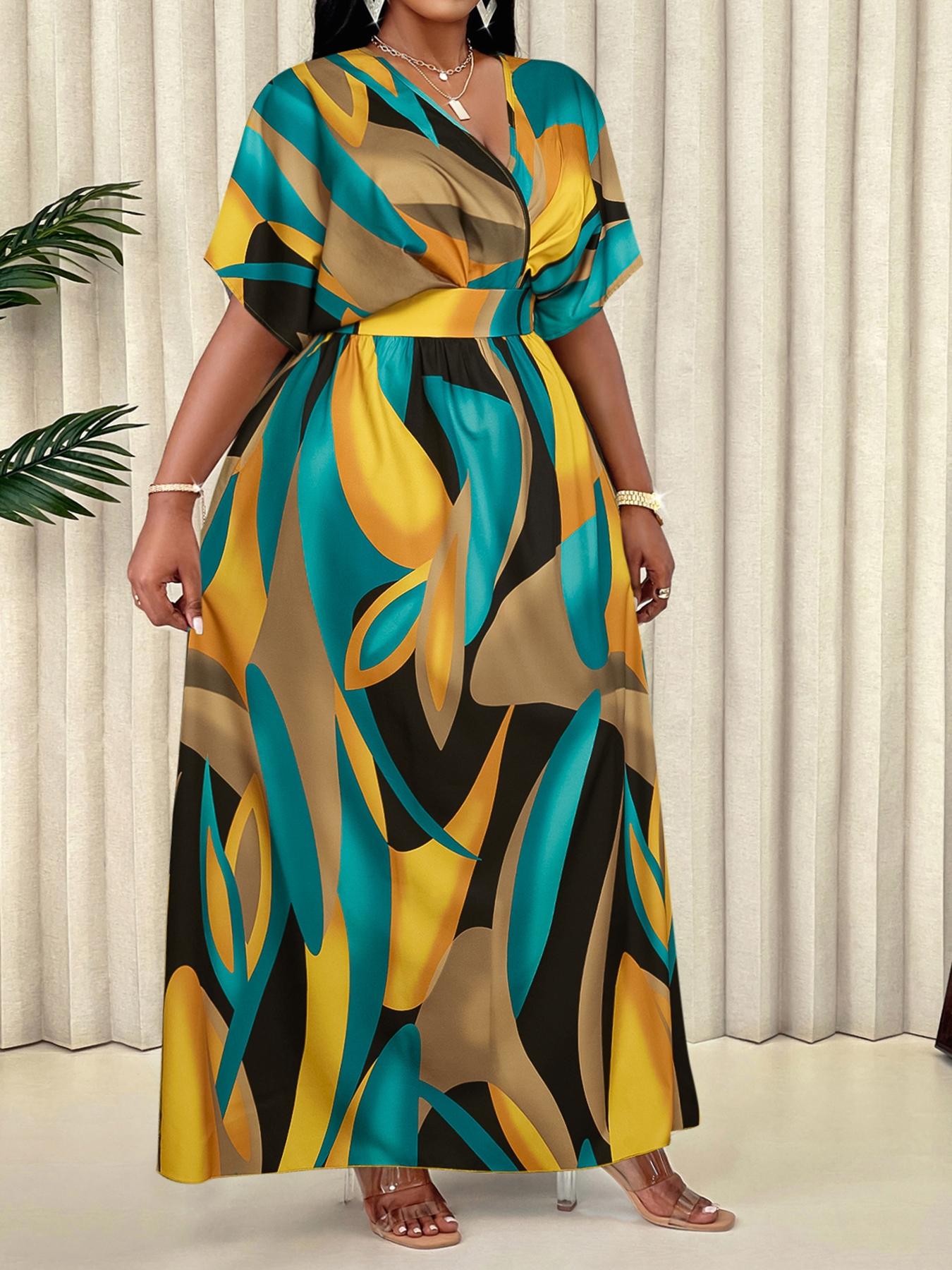 Elegant Sexy Women's Geometric Print Casual Dress Plus Size V Neck High Waist Wrap Dress, Fitted Woven Fabric, All Seasons Fashion