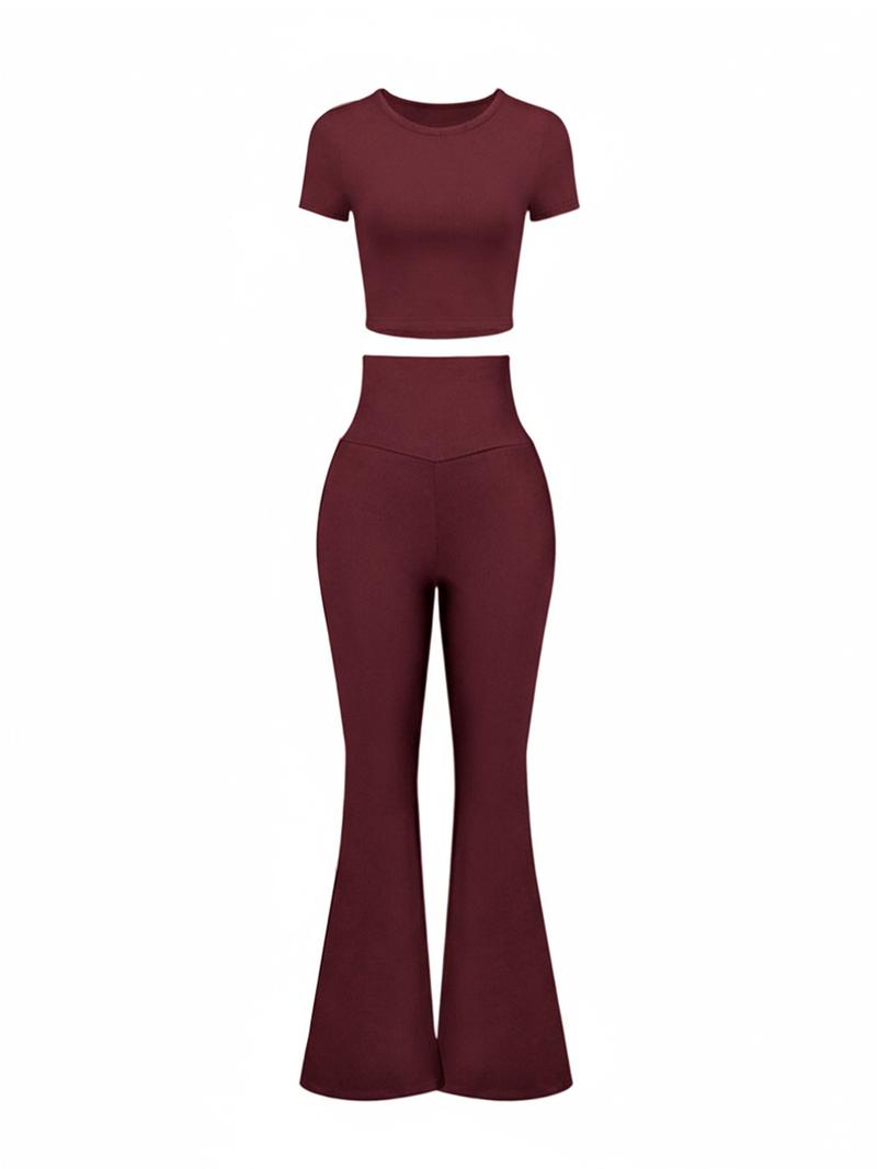 Women's Solid Loungewear Set, Casual Short Sleeve Crop Top & High Waist Flare Leg Pants, Ladies Sleepwear for All Seasons, Pajama Set