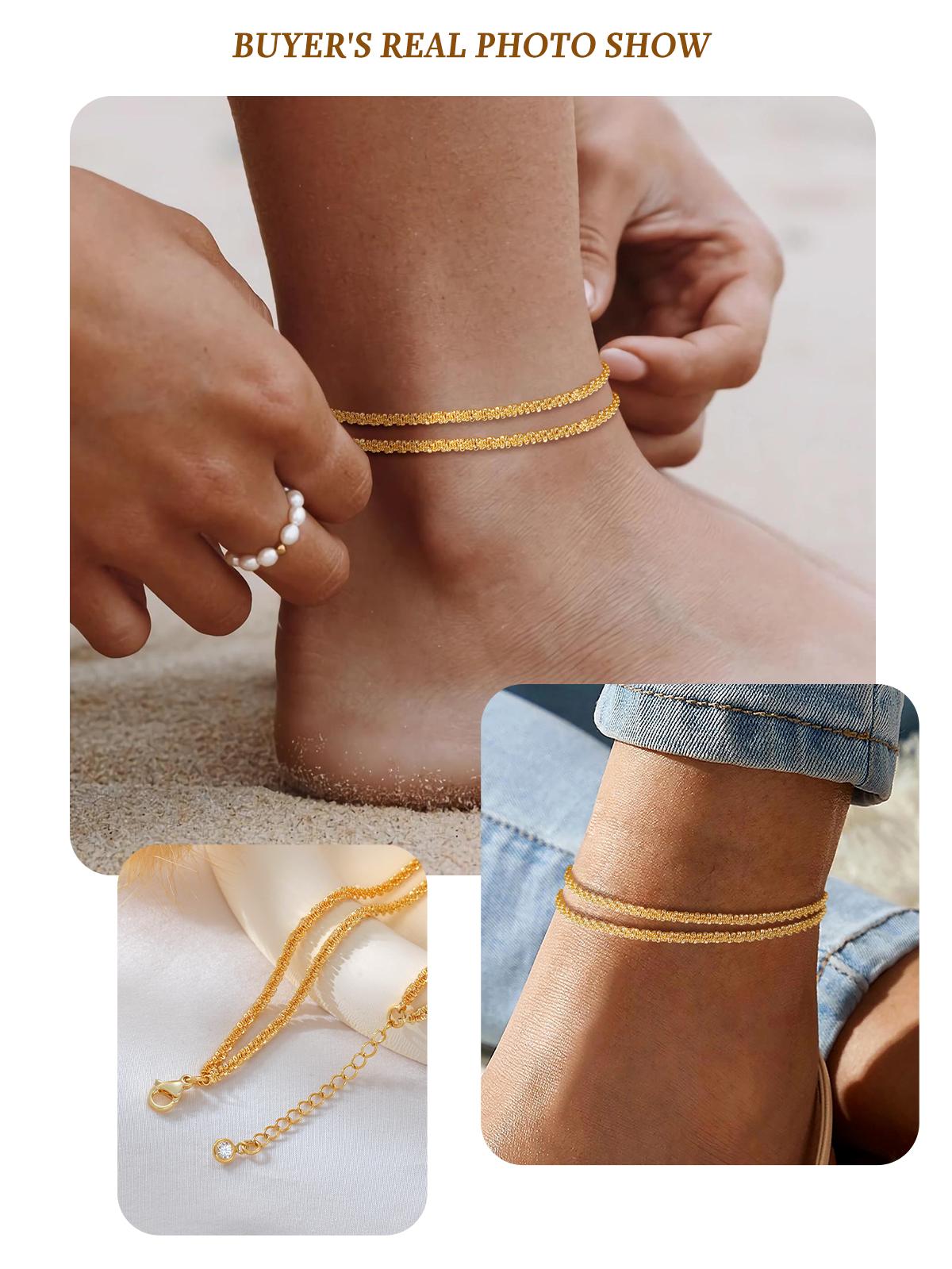 TEWIKY Dainty 14K Gold Plated Layered Waterproof Anklet For Women Adjustable Womens Anklet Set Stackable Figaro Beaded Cuban Link Anklets Daily Clothing Decor For Beach Summer Trendy High Quality Bracelet for Valentine's Day gifts