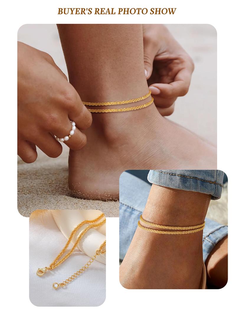 TEWIKY Dainty 14K Gold Plated Layered Waterproof Anklet For Women Adjustable Womens Anklet Set Stackable Figaro Beaded Cuban Link Anklets Daily Clothing Decor For Beach Summer Trendy High Quality Bracelet for Valentine's Day gifts