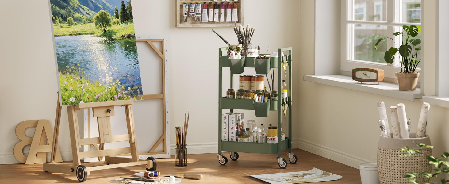 3 Tier Rolling Cart,Utility Cart with Locking Wheels, Hanging Cups,&Hooks, Heavy Duty Metal Storage Organizer Cart for Kitchen,Office, Bathroom,Craft Room,Green