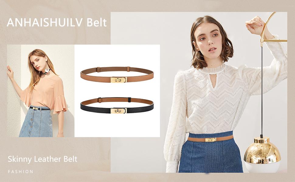 4516 Women\'s Skinny Leather Belt With Adjustable Silver Turn-lock Buckle Preptep 2pcs Women main image 4
