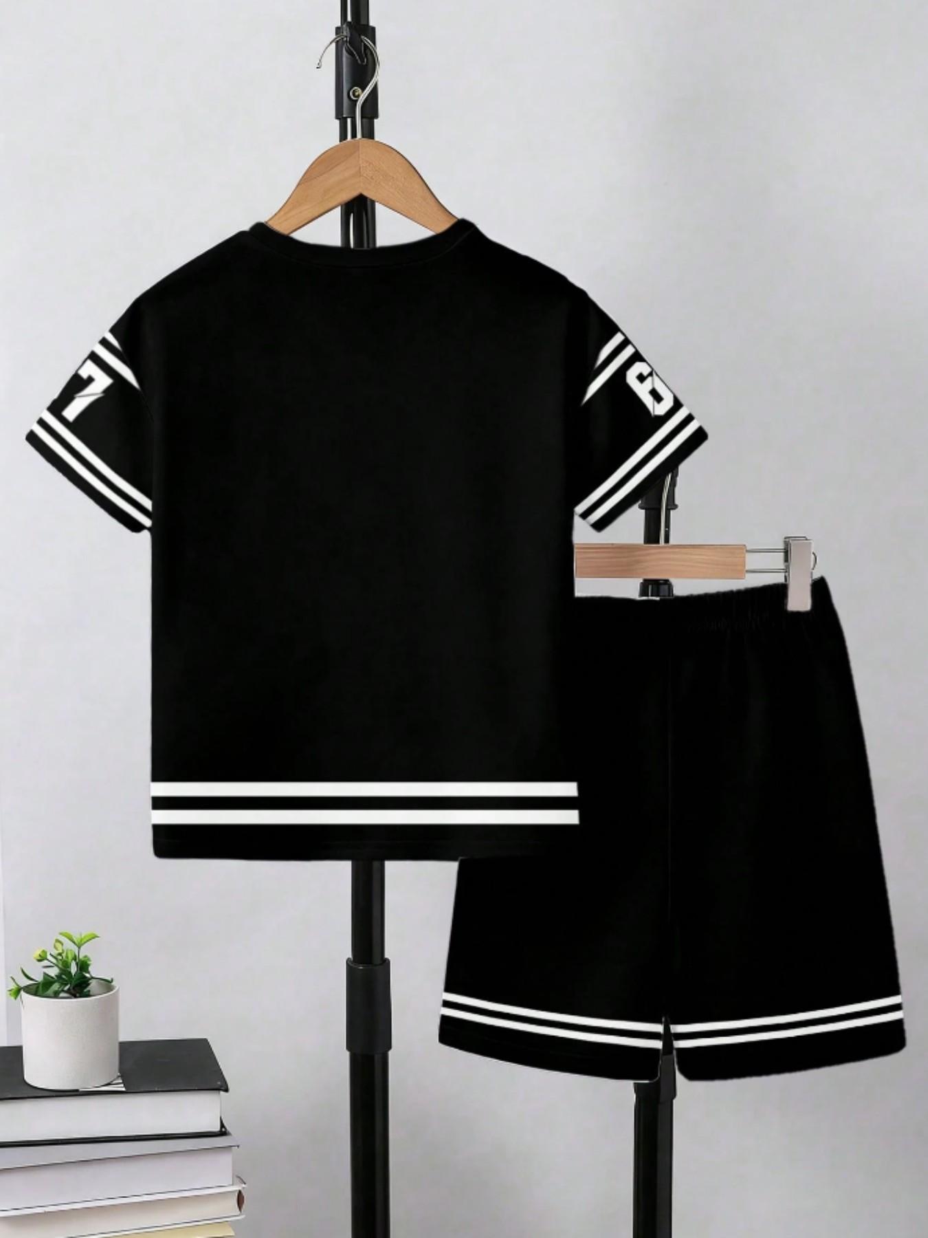 Trendy Sports Style Boys' Set, Number 67 Print, Streetwear Aesthetic, Casual Fitted Suit, All over Print, No Button, No Collar, No Zipper, Shorts