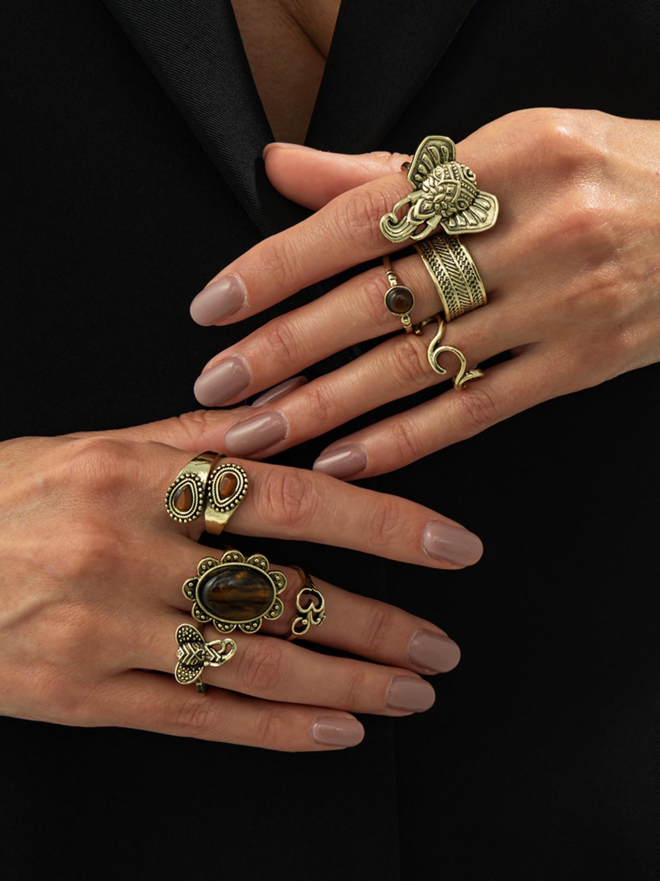 8-Piece Vintage Gemstone Ring Set, Metal Elephant Joint Rings, Punk Style, All Seasons, Perfect Gift, Streetwear Jewelry