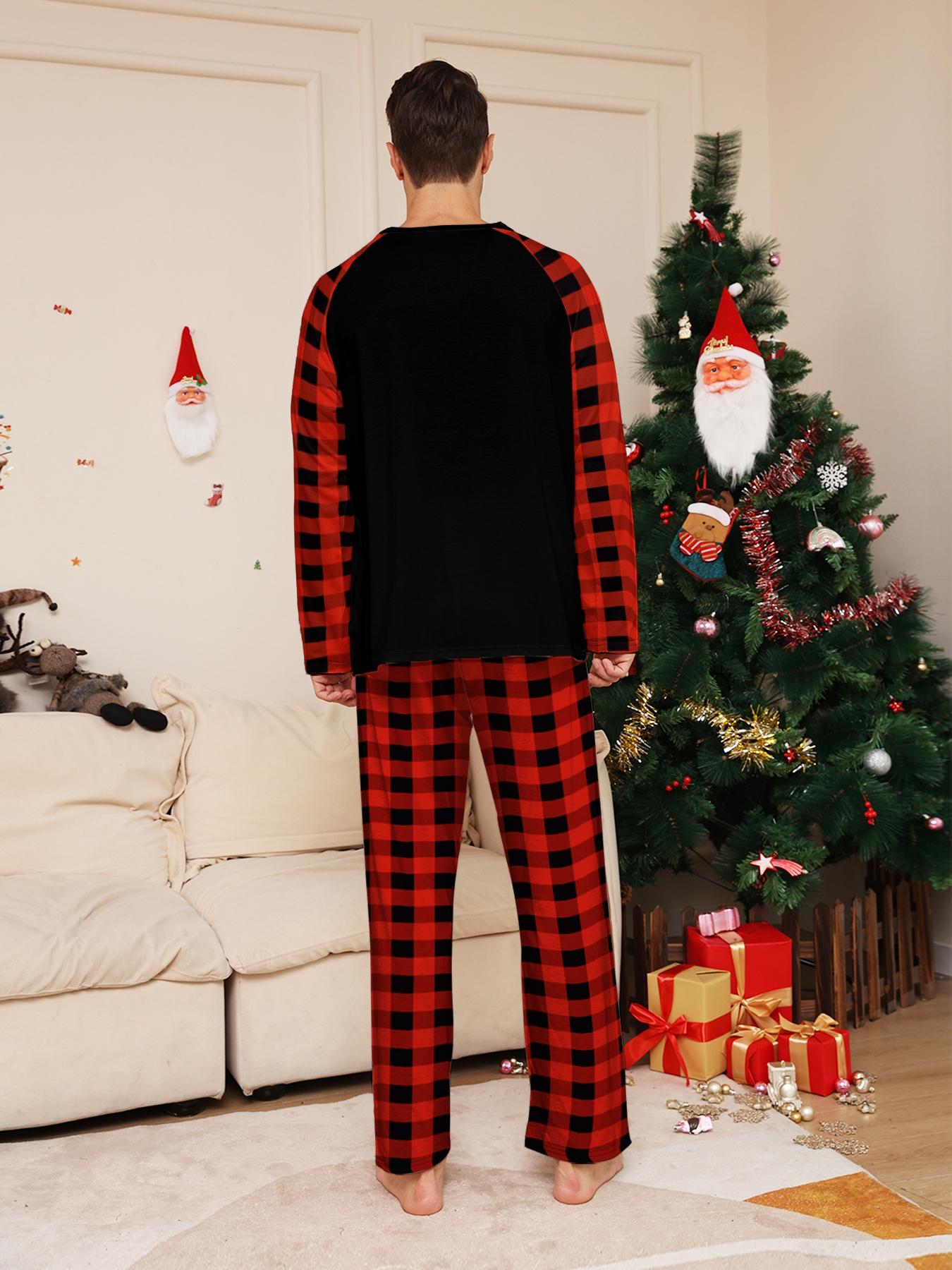Plaid Reindeer Christmas Pajama Set, Cartoon Deer Print, Soft Long Sleeve Sleepwear, Family Matching, All Seasons