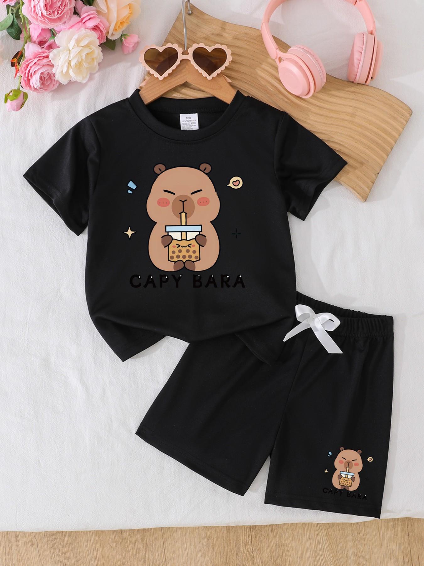 Capybara Girls' Summer 2-Piece Set - Short Sleeve Tee & Shorts Outfit | Soft & Comfortable Everyday Playwear for School, Parties & Outdoor Activities | Multi-Color Options, Ideal Holiday & Birthday Gift Casual Fashion Set Children