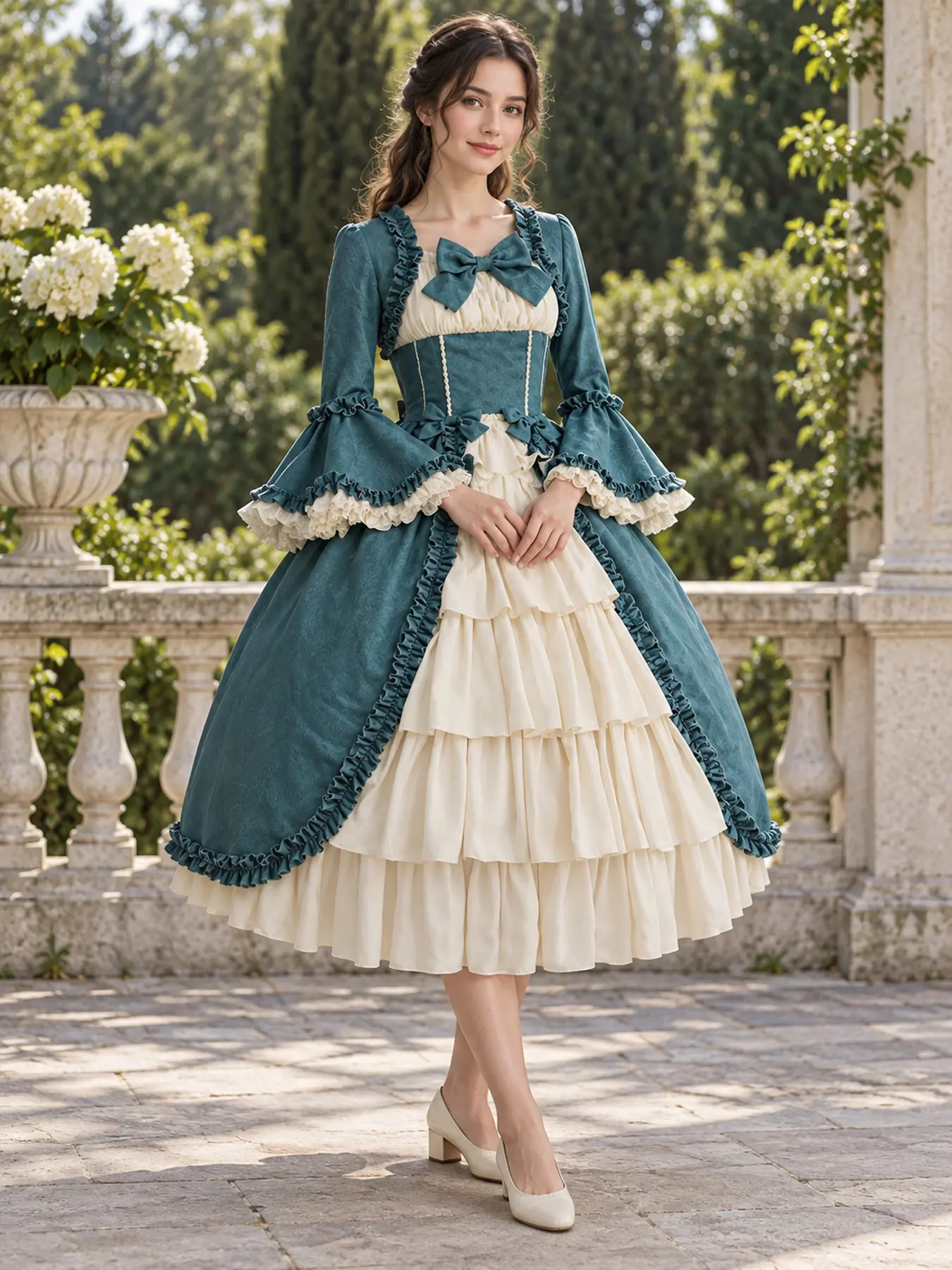 Womens Rococo Costume Dress Vintage Palace Style Square Neck Bell Sleeves Bow Details Ruffle Trim Tiered Skirt Elegant Ball Gown for Masquerade Tea Party Halloween Cosplay Stage Performance Romantic Fairytale Looks Pink Burgundy Teal Black Color Options