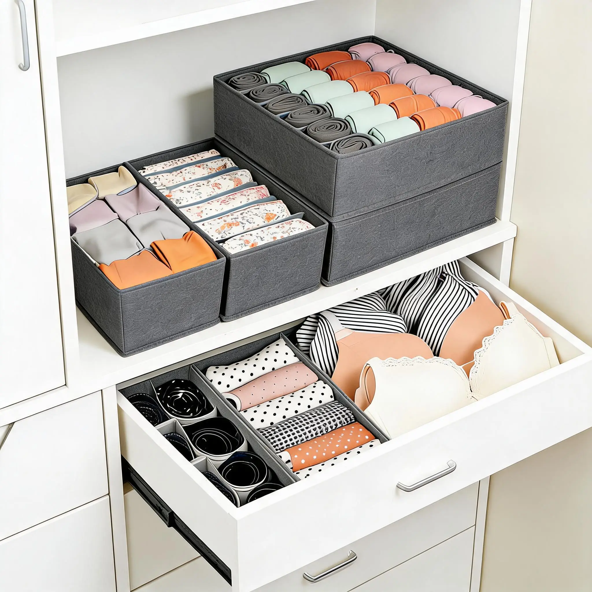 Lightweight 12-Pack Collapsible 116-Cell Fabric Drawer Divider Insert Boxes - Clothing Sort Organizer for Socks,Bras,Baby Clothes - Closet,Dresser Daily Use Storage Solution - Grey Indoor Furniture
