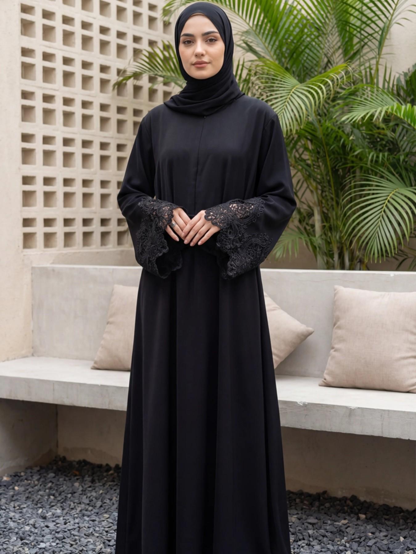 Elegant Hand Embroidered Lace Modesty Belted Abaya Dress, Simple Fashionable One-Piece for Daily Wear, Casual Prayer