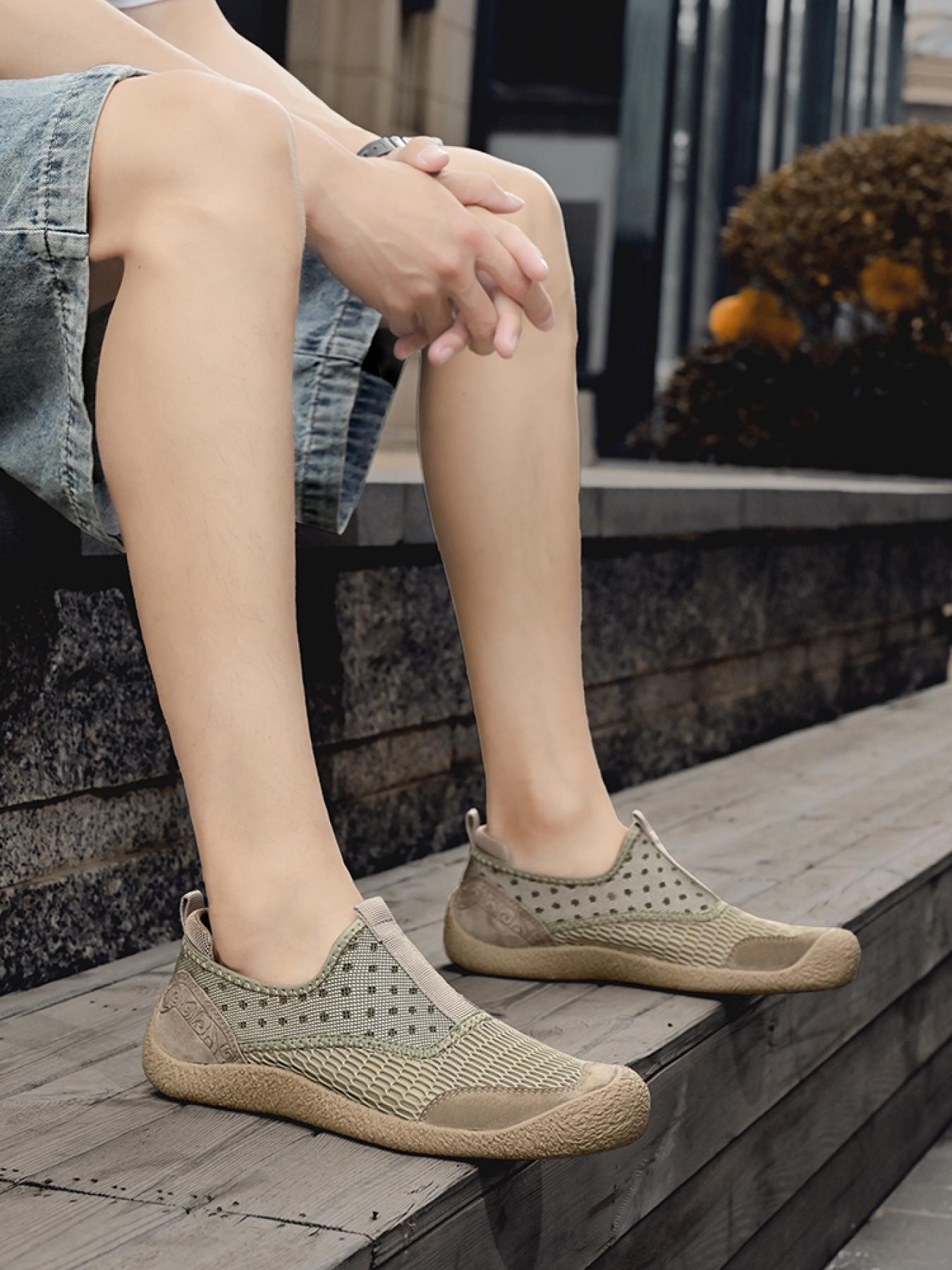 Men's Solid Color Mesh Breathable Slip-On Loafers, Soft Sole Anti-Slip Hand-Stitched Walking Shoes, Lightweight Casual Dad Shoes