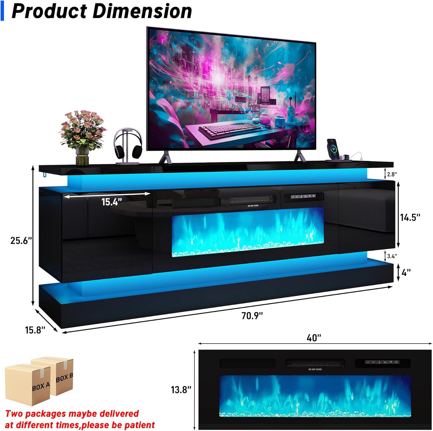 71in Fireplace TV Stands w/40 inch Fireplace Power Outlet for 85/80/75 Inch TV,High Glossy Modern TV Console Gaming Entertainment Center with 2 Storage Cabinets,Dual LED Lights,Black/White